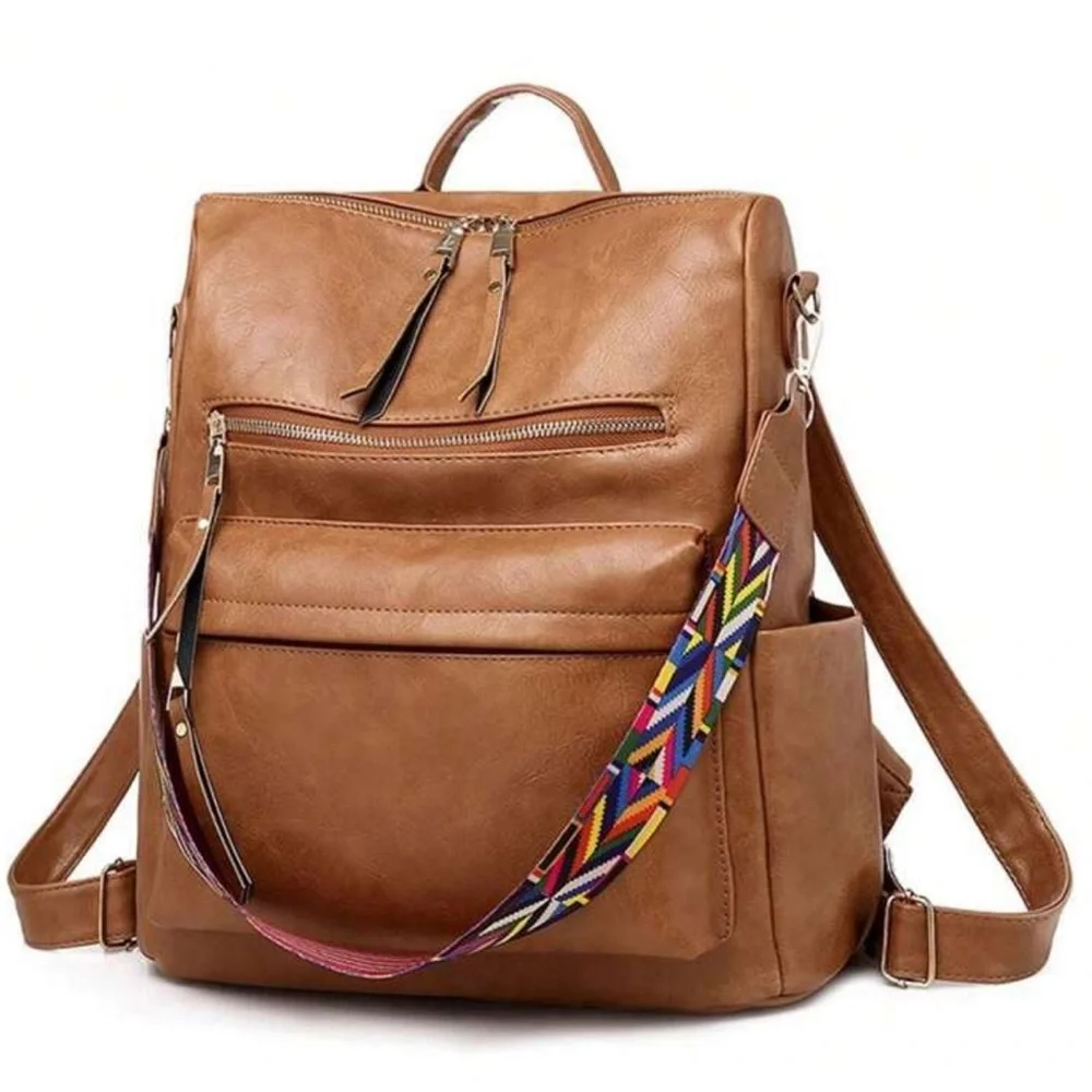 Luxe Vegan Leather Colorful Strap Backpack Shoulder bag - Picture 2 of 13